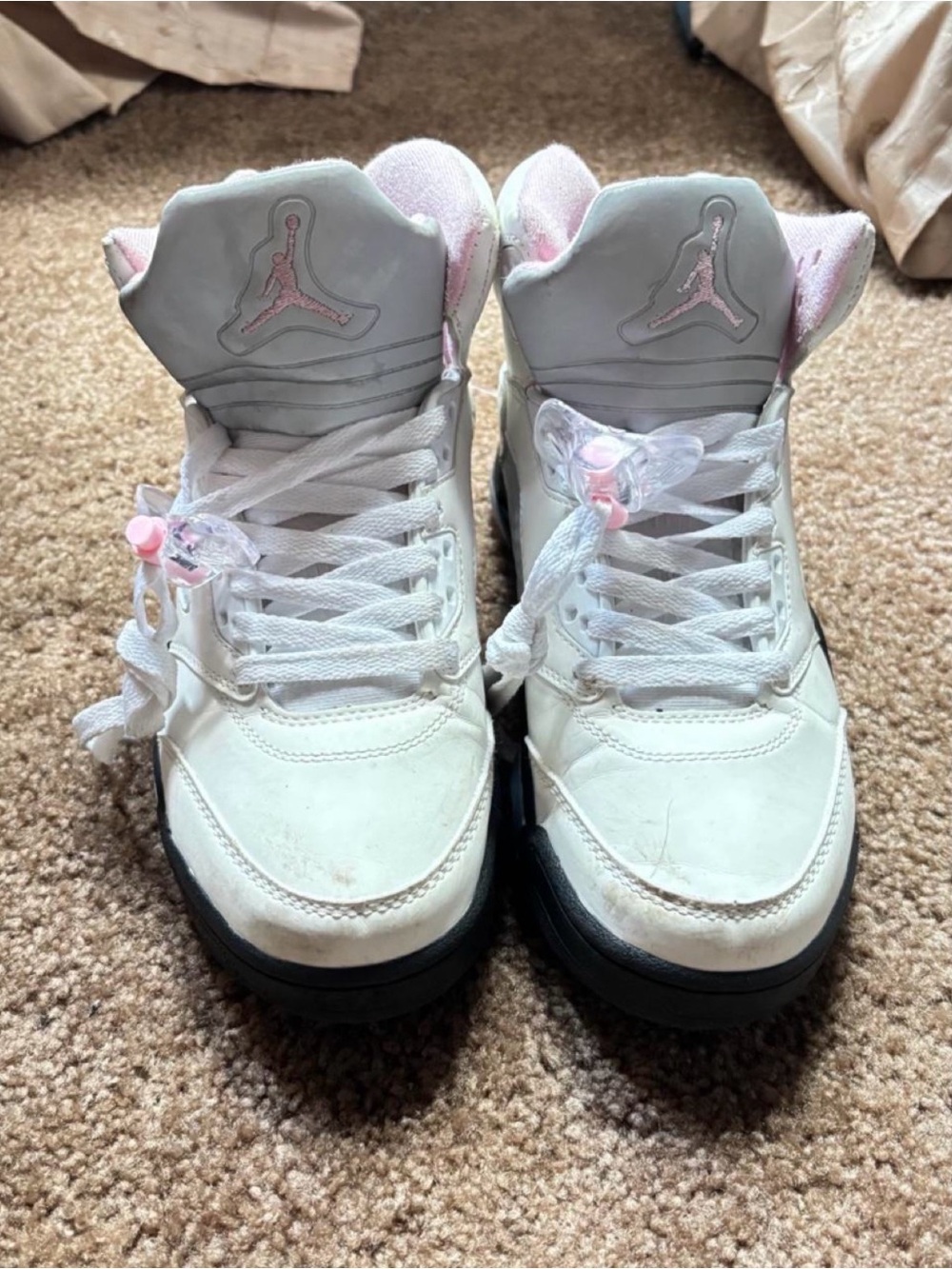 Jordan White and Light Pink High-Top Sneakers